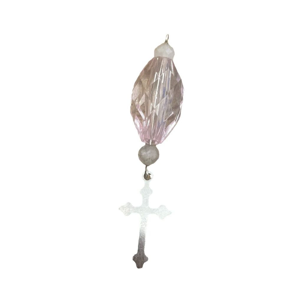 Vtg Pink Acrylic Faceted Bead Pendant Cross Charm Labradorite Gothic Y2K Boho